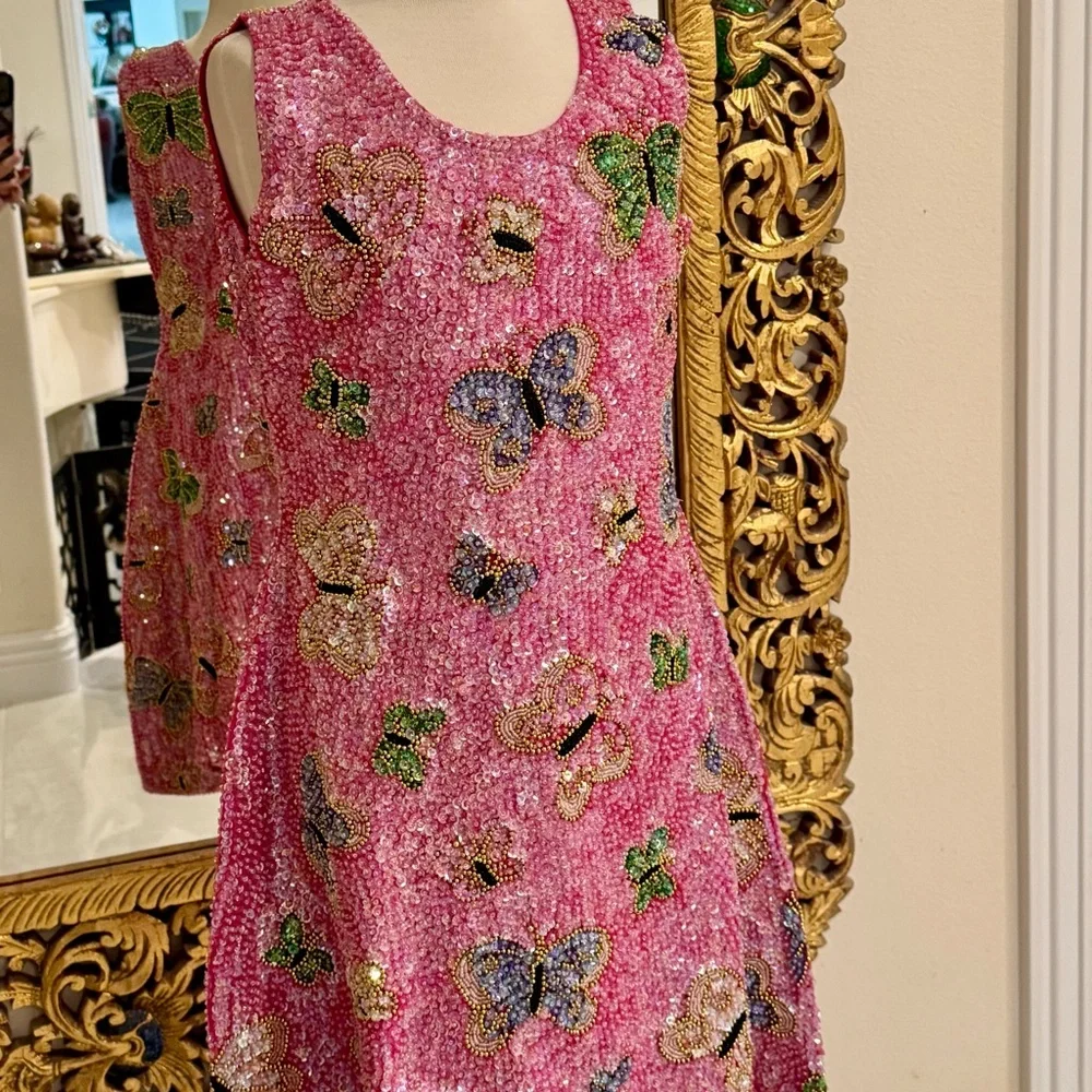 Little Attitudes by Debra Pink Sequin‎ hand beaded Dress Butterflies. NWT